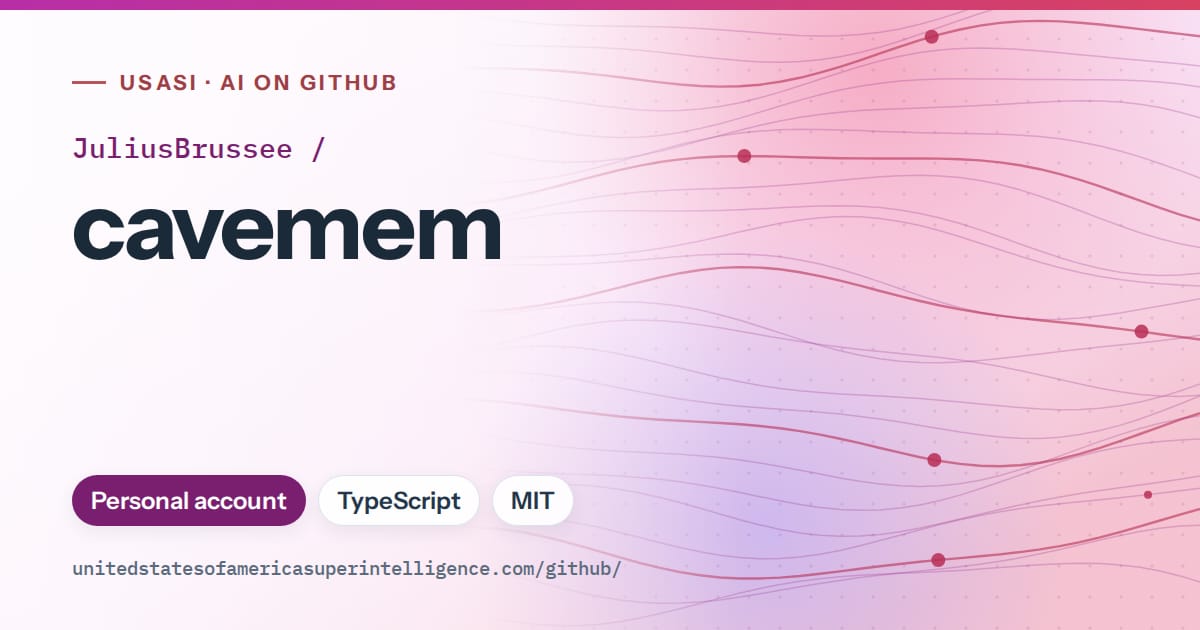 Generated purple flowing-wave artwork for JuliusBrussee/cavemem, labeled USASI · AI on GitHub, with Personal account · TypeScript · MIT.