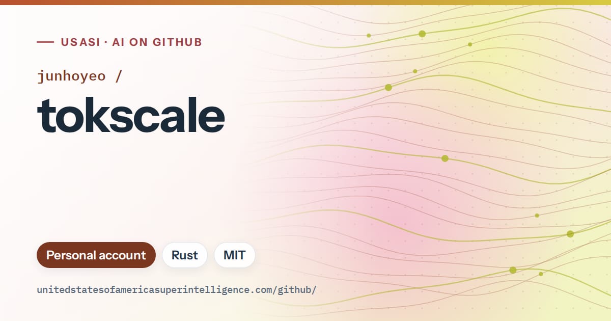 Generated orange flowing-wave artwork for junhoyeo/tokscale, labeled USASI · AI on GitHub, with Personal account · Rust · MIT.