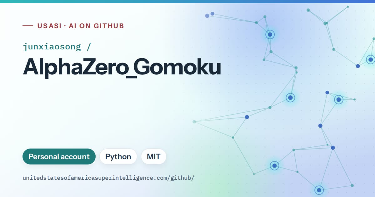 Generated teal constellation network artwork for junxiaosong/AlphaZero_Gomoku, labeled USASI · AI on GitHub, with Personal account · Python · MIT.
