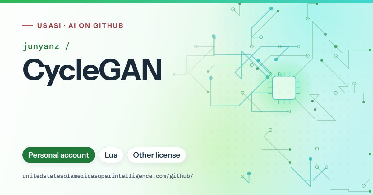 Generated green circuit-trace artwork for junyanz/CycleGAN, labeled USASI · AI on GitHub, with Personal account · Lua · Other license.