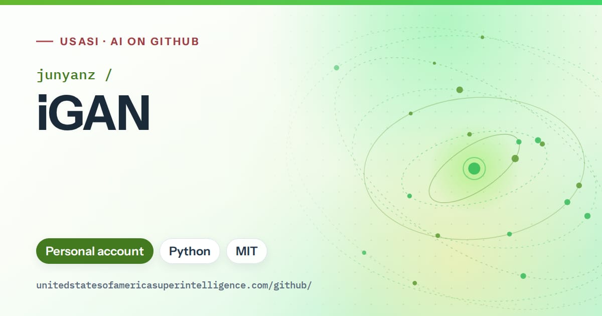 Generated green orbit artwork for junyanz/iGAN, labeled USASI · AI on GitHub, with Personal account · Python · MIT.