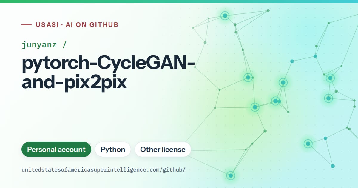 Generated green constellation network artwork for junyanz/pytorch-CycleGAN-and-pix2pix, labeled USASI · AI on GitHub, with Personal account · Python · Other license.