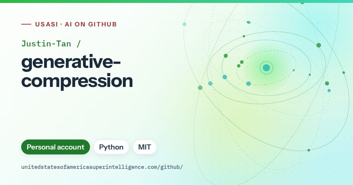 Generated green orbit artwork for Justin-Tan/generative-compression, labeled USASI · AI on GitHub, with Personal account · Python · MIT.