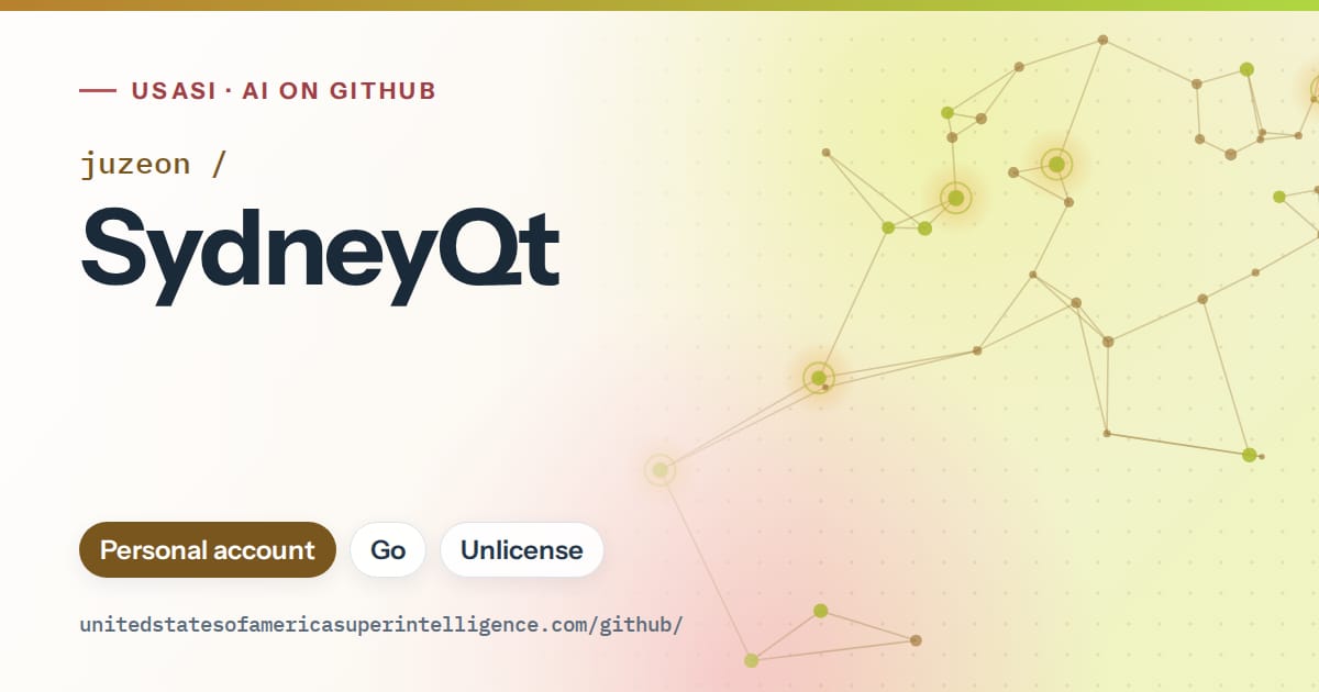 Generated orange constellation network artwork for juzeon/SydneyQt, labeled USASI · AI on GitHub, with Personal account · Go · Unlicense.