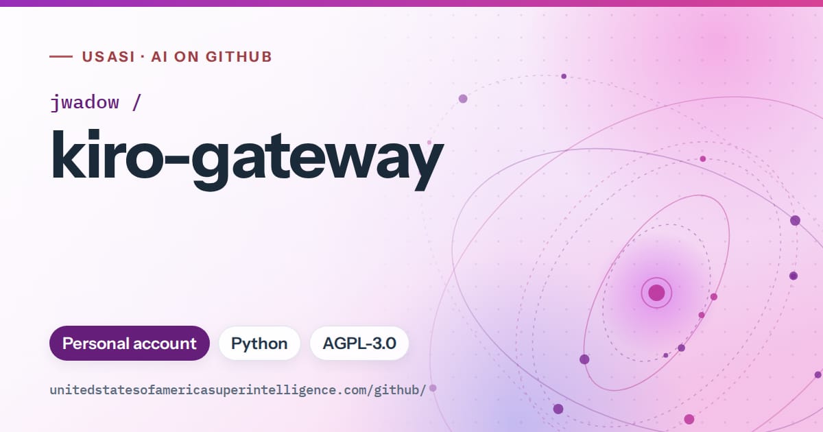 Generated purple orbit artwork for jwadow/kiro-gateway, labeled USASI · AI on GitHub, with Personal account · Python · AGPL-3.0.