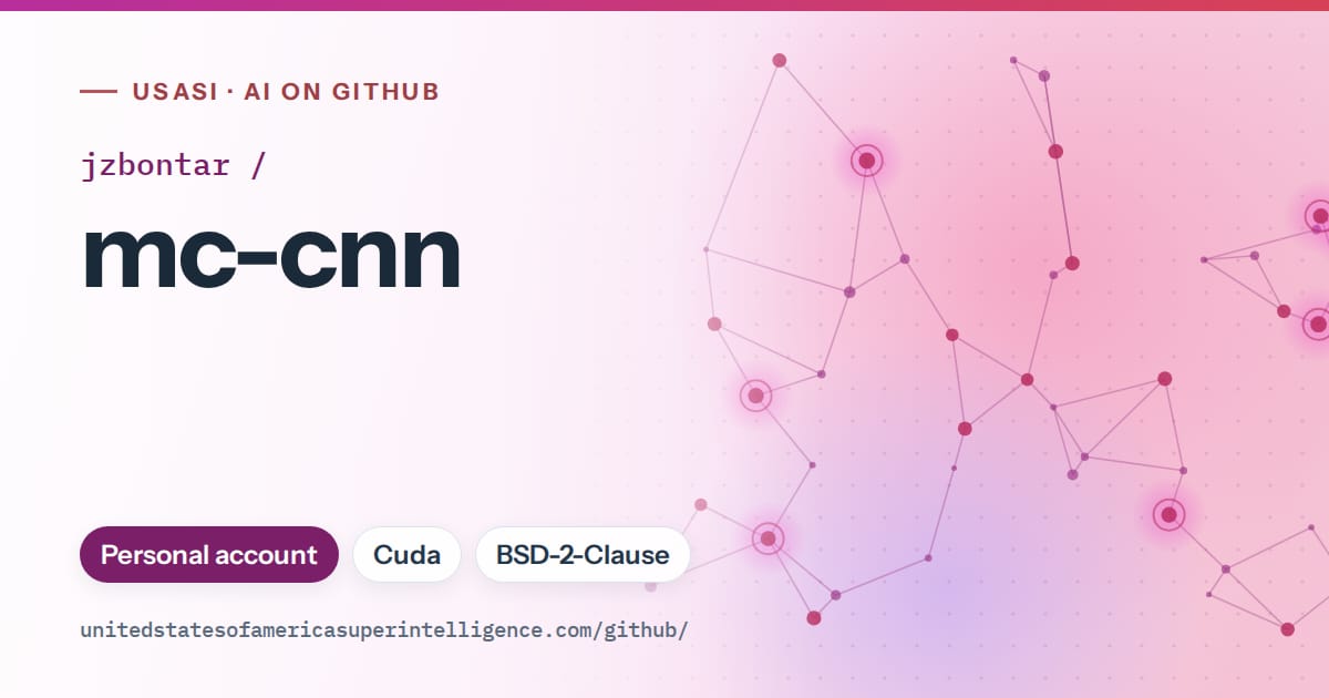 Generated purple constellation network artwork for jzbontar/mc-cnn, labeled USASI · AI on GitHub, with Personal account · Cuda · BSD-2-Clause.