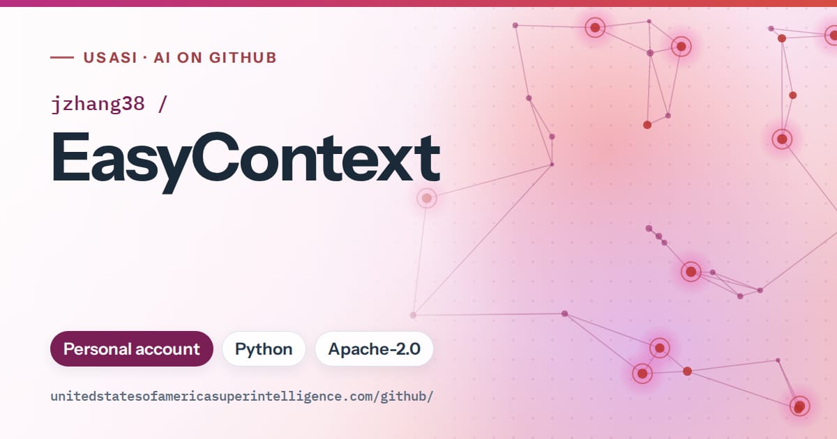 Generated pink constellation network artwork for jzhang38/EasyContext, labeled USASI · AI on GitHub, with Personal account · Python · Apache-2.0.