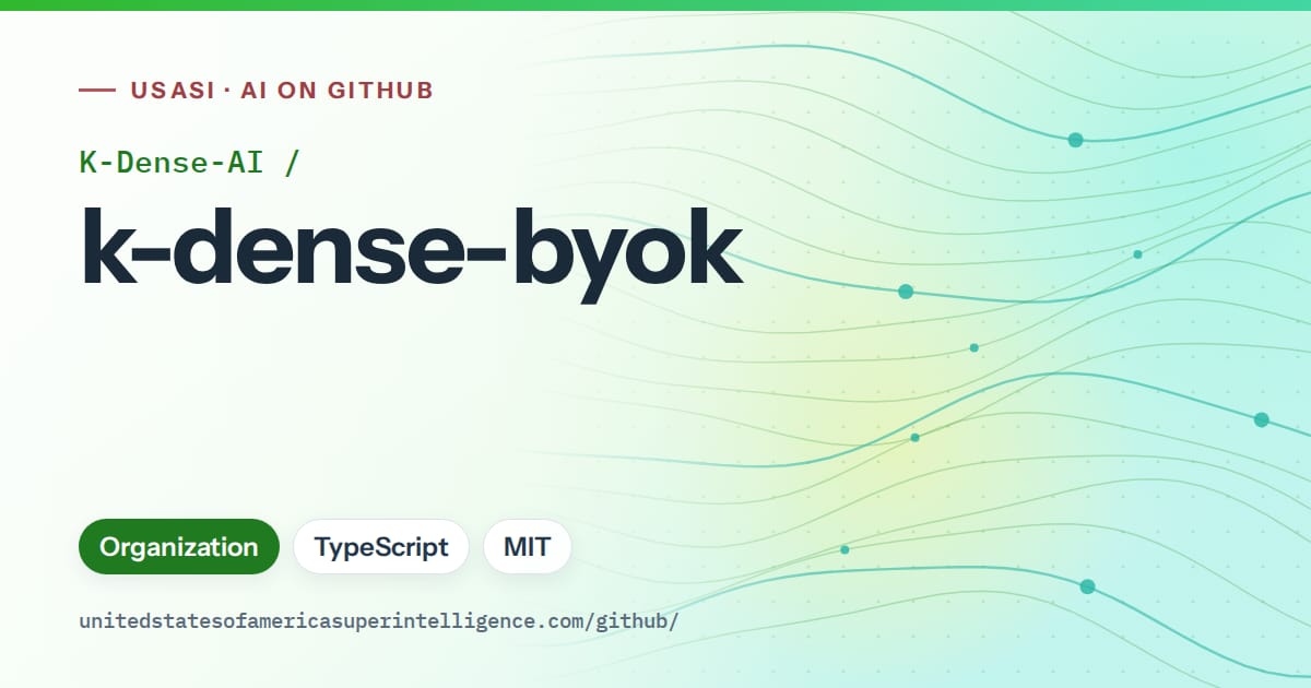 Generated green flowing-wave artwork for K-Dense-AI/k-dense-byok, labeled USASI · AI on GitHub, with Organization · TypeScript · MIT.