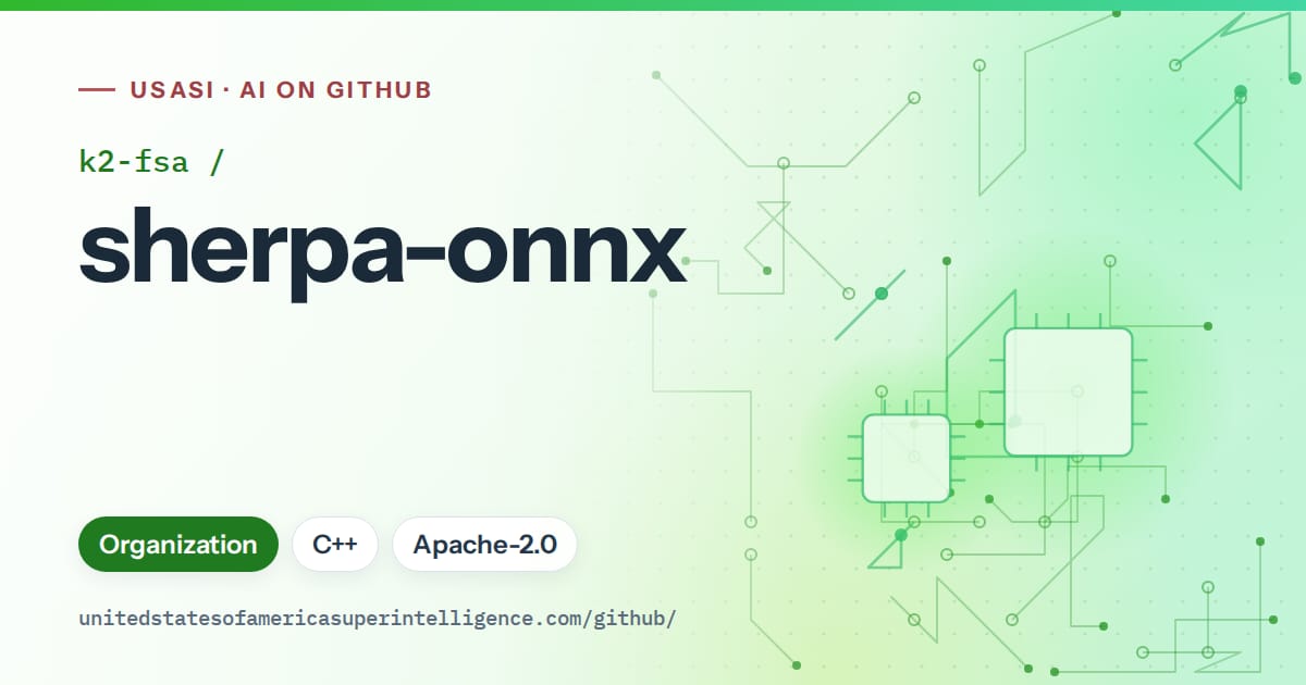Generated green circuit-trace artwork for k2-fsa/sherpa-onnx, labeled USASI · AI on GitHub, with Organization · C++ · Apache-2.0.