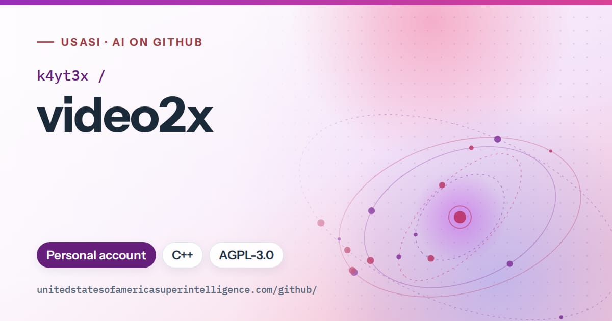 Generated purple orbit artwork for k4yt3x/video2x, labeled USASI · AI on GitHub, with Personal account · C++ · AGPL-3.0.
