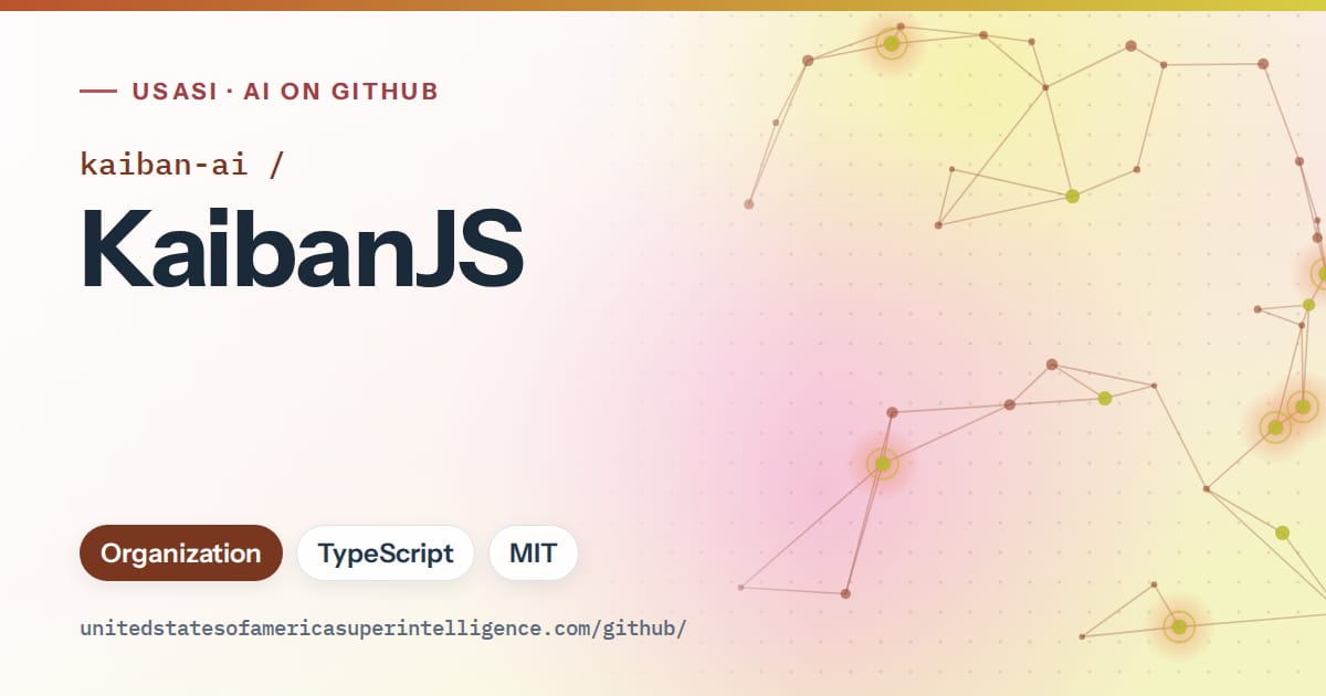 Generated orange constellation network artwork for kaiban-ai/KaibanJS, labeled USASI · AI on GitHub, with Organization · TypeScript · MIT.