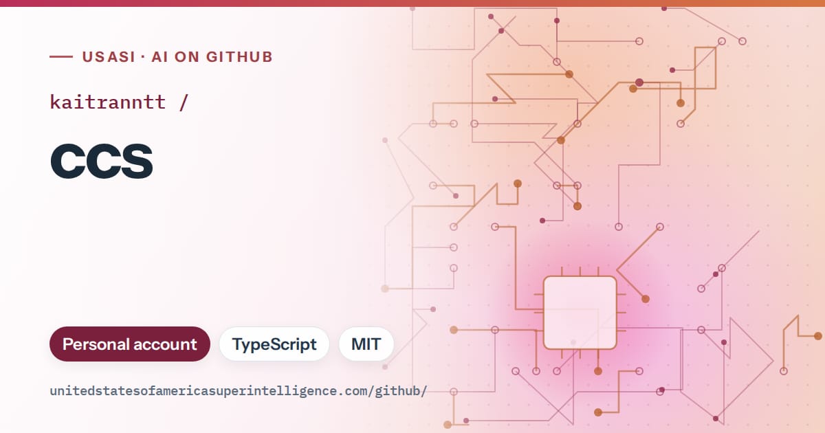 Generated pink circuit-trace artwork for kaitranntt/ccs, labeled USASI · AI on GitHub, with Personal account · TypeScript · MIT.