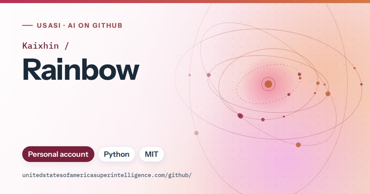 Generated pink orbit artwork for Kaixhin/Rainbow, labeled USASI · AI on GitHub, with Personal account · Python · MIT.