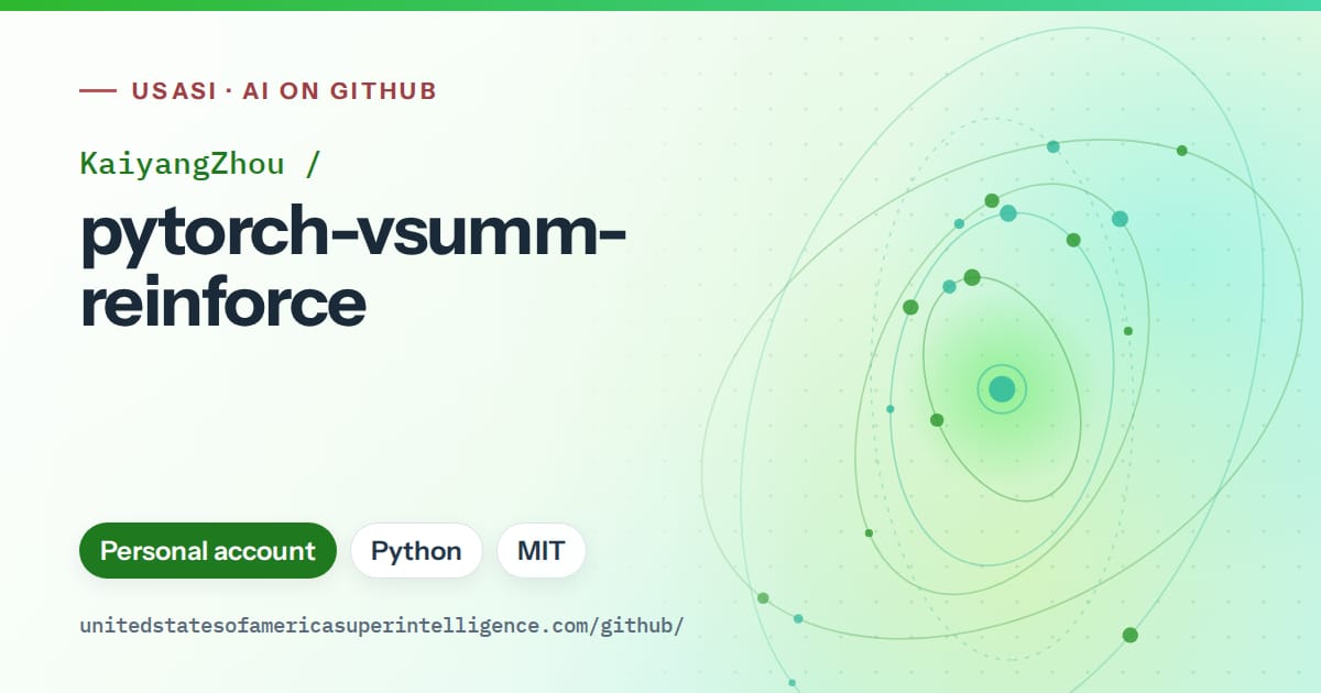 Generated green orbit artwork for KaiyangZhou/pytorch-vsumm-reinforce, labeled USASI · AI on GitHub, with Personal account · Python · MIT.