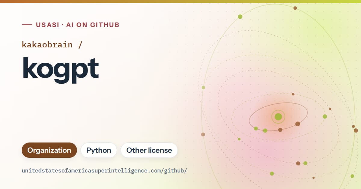 Generated orange orbit artwork for kakaobrain/kogpt, labeled USASI · AI on GitHub, with Organization · Python · Other license.