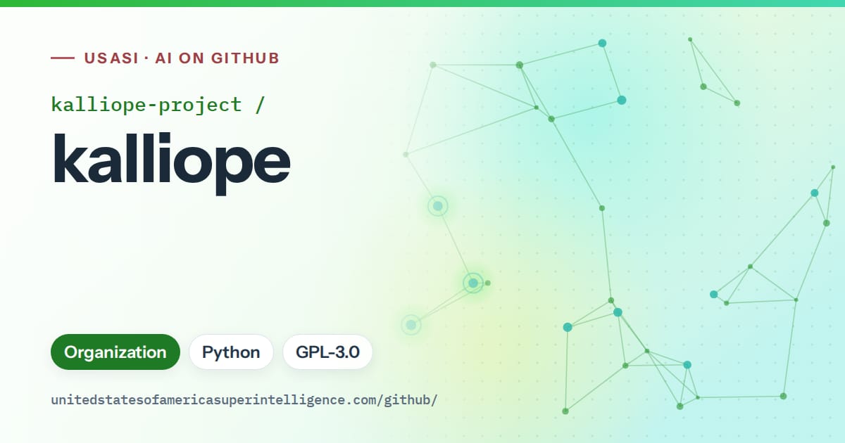 Generated green constellation network artwork for kalliope-project/kalliope, labeled USASI · AI on GitHub, with Organization · Python · GPL-3.0.
