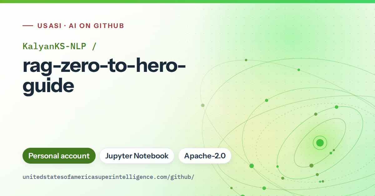 Generated green orbit artwork for KalyanKS-NLP/rag-zero-to-hero-guide, labeled USASI · AI on GitHub, with Personal account · Jupyter Notebook · Apache-2.0.