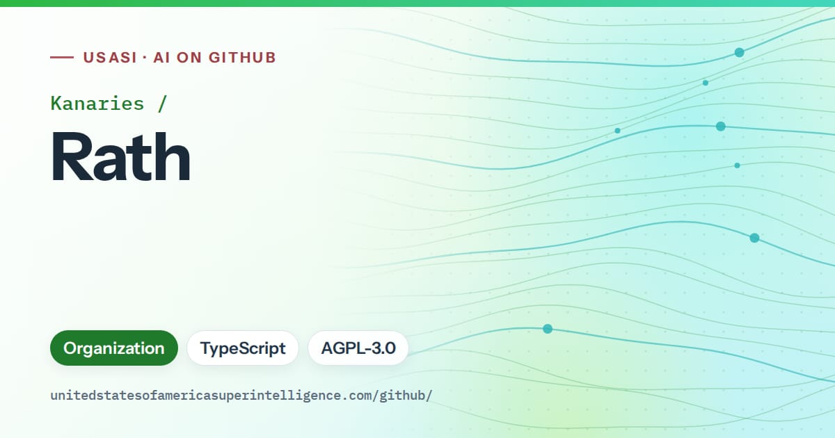 Generated green flowing-wave artwork for Kanaries/Rath, labeled USASI · AI on GitHub, with Organization · TypeScript · AGPL-3.0.