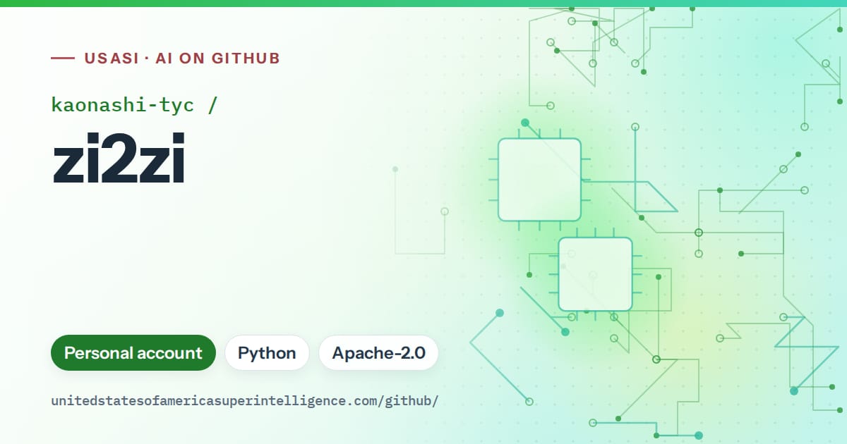 Generated green circuit-trace artwork for kaonashi-tyc/zi2zi, labeled USASI · AI on GitHub, with Personal account · Python · Apache-2.0.