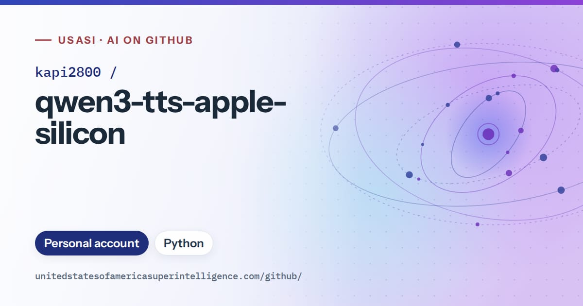 Generated blue orbit artwork for kapi2800/qwen3-tts-apple-silicon, labeled USASI · AI on GitHub, with Personal account · Python.