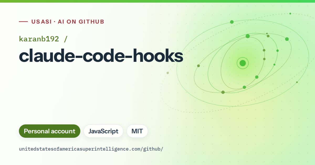 Generated green orbit artwork for karanb192/claude-code-hooks, labeled USASI · AI on GitHub, with Personal account · JavaScript · MIT.