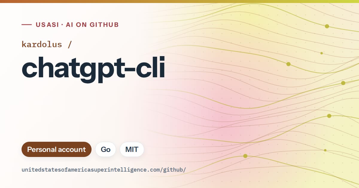 Generated orange flowing-wave artwork for kardolus/chatgpt-cli, labeled USASI · AI on GitHub, with Personal account · Go · MIT.