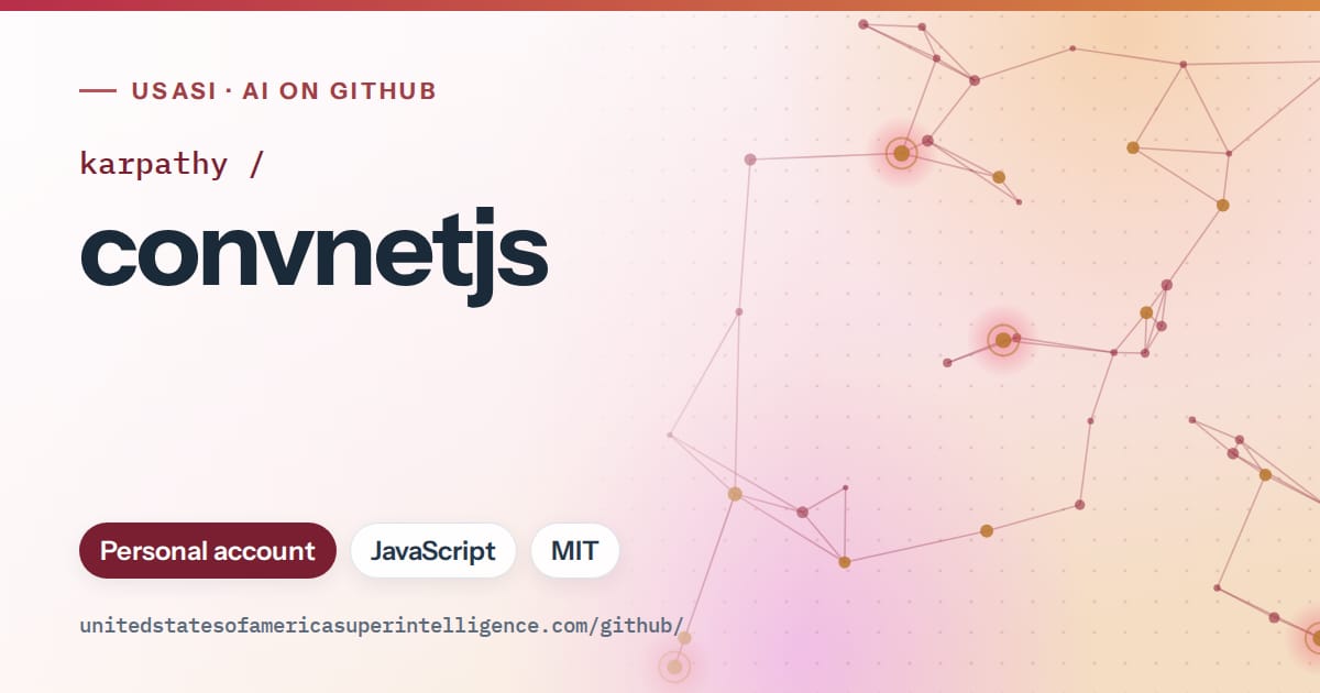 Generated red constellation network artwork for karpathy/convnetjs, labeled USASI · AI on GitHub, with Personal account · JavaScript · MIT.