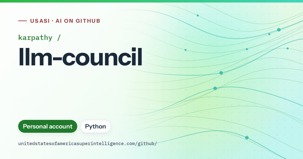Generated green flowing-wave artwork for karpathy/llm-council, labeled USASI · AI on GitHub, with Personal account · Python.
