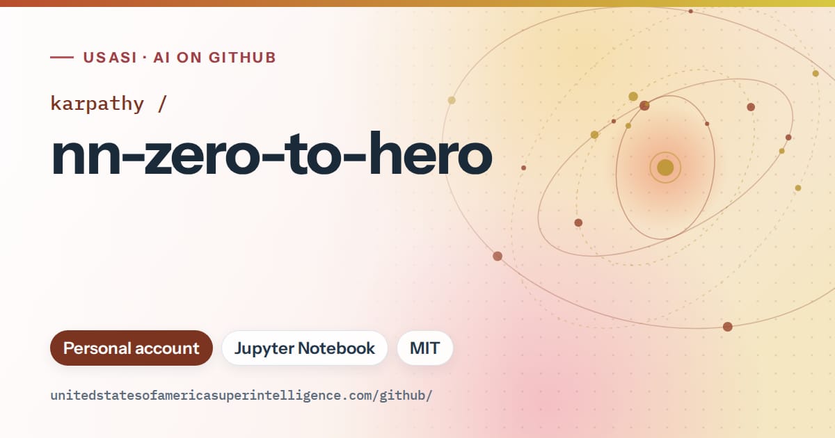 Generated red orbit artwork for karpathy/nn-zero-to-hero, labeled USASI · AI on GitHub, with Personal account · Jupyter Notebook · MIT.