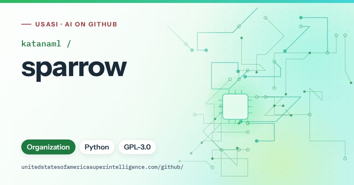 Generated green circuit-trace artwork for katanaml/sparrow, labeled USASI · AI on GitHub, with Organization · Python · GPL-3.0.