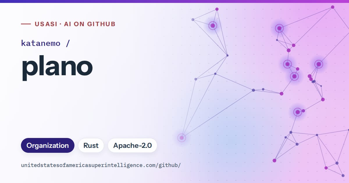 Generated blue constellation network artwork for katanemo/plano, labeled USASI · AI on GitHub, with Organization · Rust · Apache-2.0.