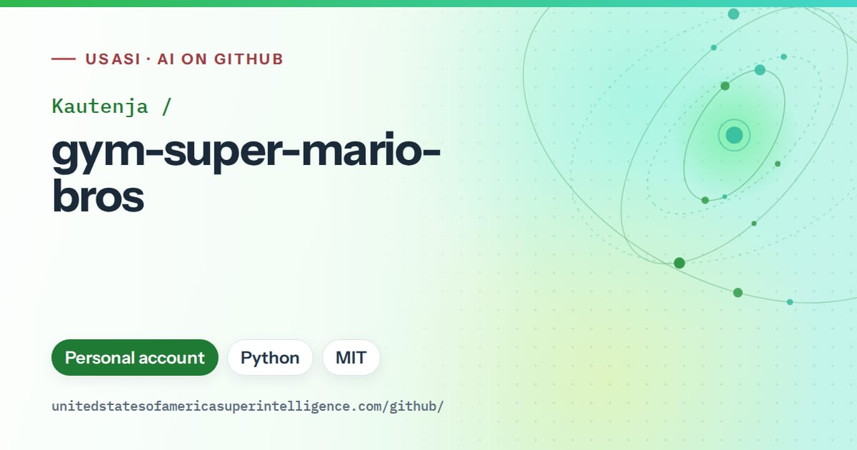 Generated green orbit artwork for Kautenja/gym-super-mario-bros, labeled USASI · AI on GitHub, with Personal account · Python · MIT.