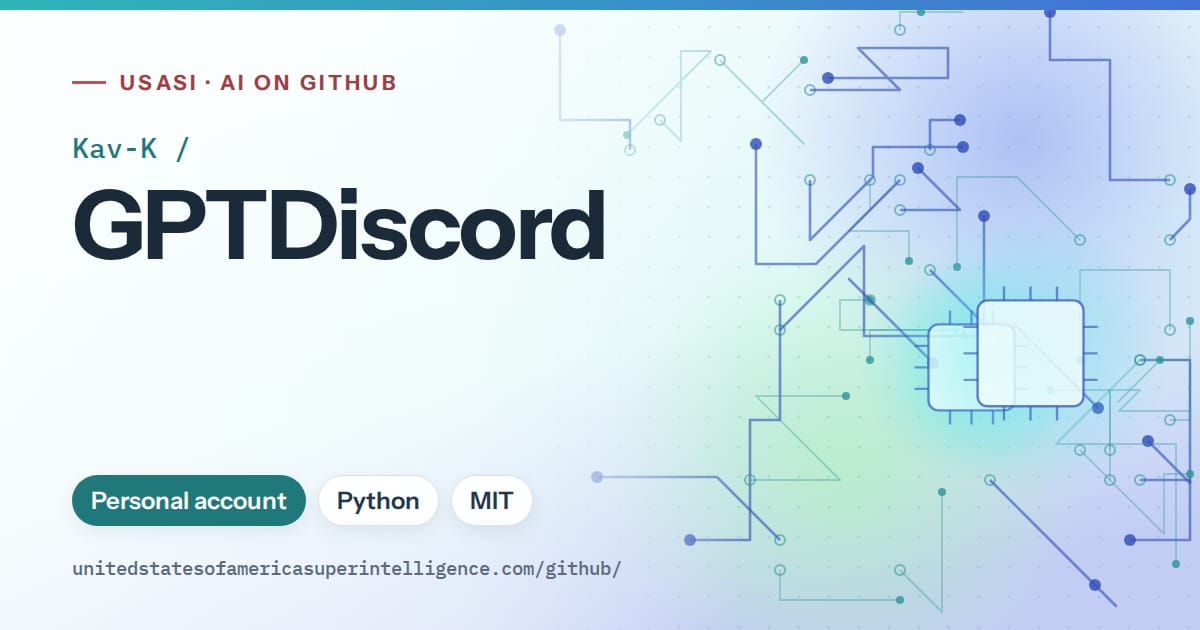 Generated teal circuit-trace artwork for Kav-K/GPTDiscord, labeled USASI · AI on GitHub, with Personal account · Python · MIT.