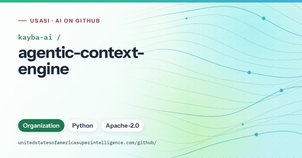 Generated teal flowing-wave artwork for kayba-ai/agentic-context-engine, labeled USASI · AI on GitHub, with Organization · Python · Apache-2.0.