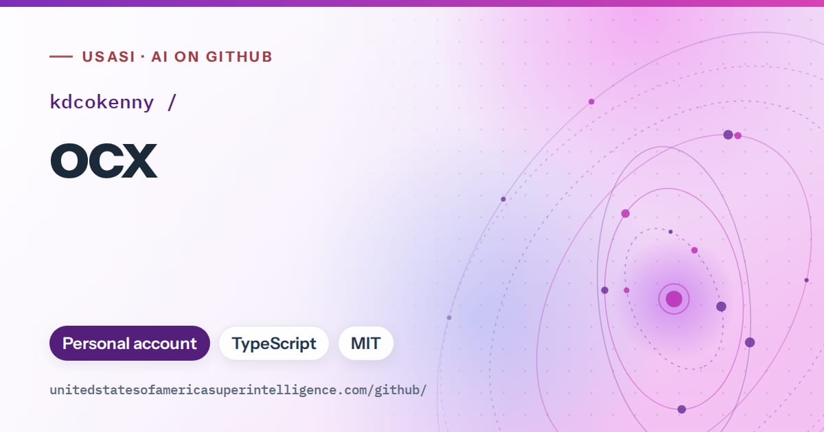 Generated violet orbit artwork for kdcokenny/ocx, labeled USASI · AI on GitHub, with Personal account · TypeScript · MIT.