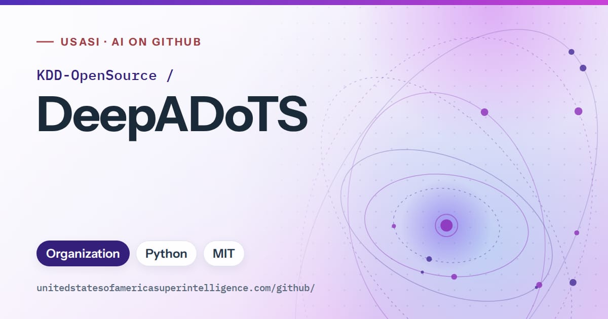 Generated violet orbit artwork for KDD-OpenSource/DeepADoTS, labeled USASI · AI on GitHub, with Organization · Python · MIT.