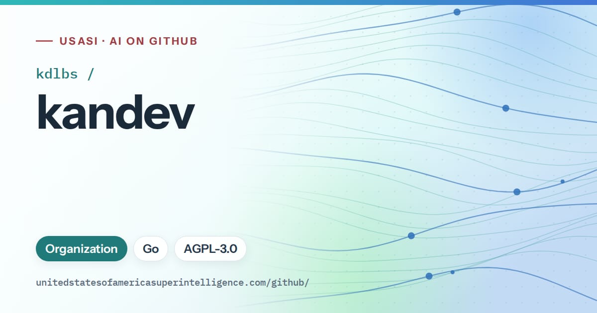 Generated teal flowing-wave artwork for kdlbs/kandev, labeled USASI · AI on GitHub, with Organization · Go · AGPL-3.0.