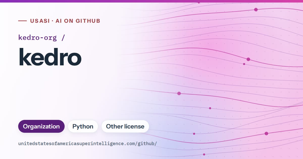 Generated violet flowing-wave artwork for kedro-org/kedro, labeled USASI · AI on GitHub, with Organization · Python · Other license.