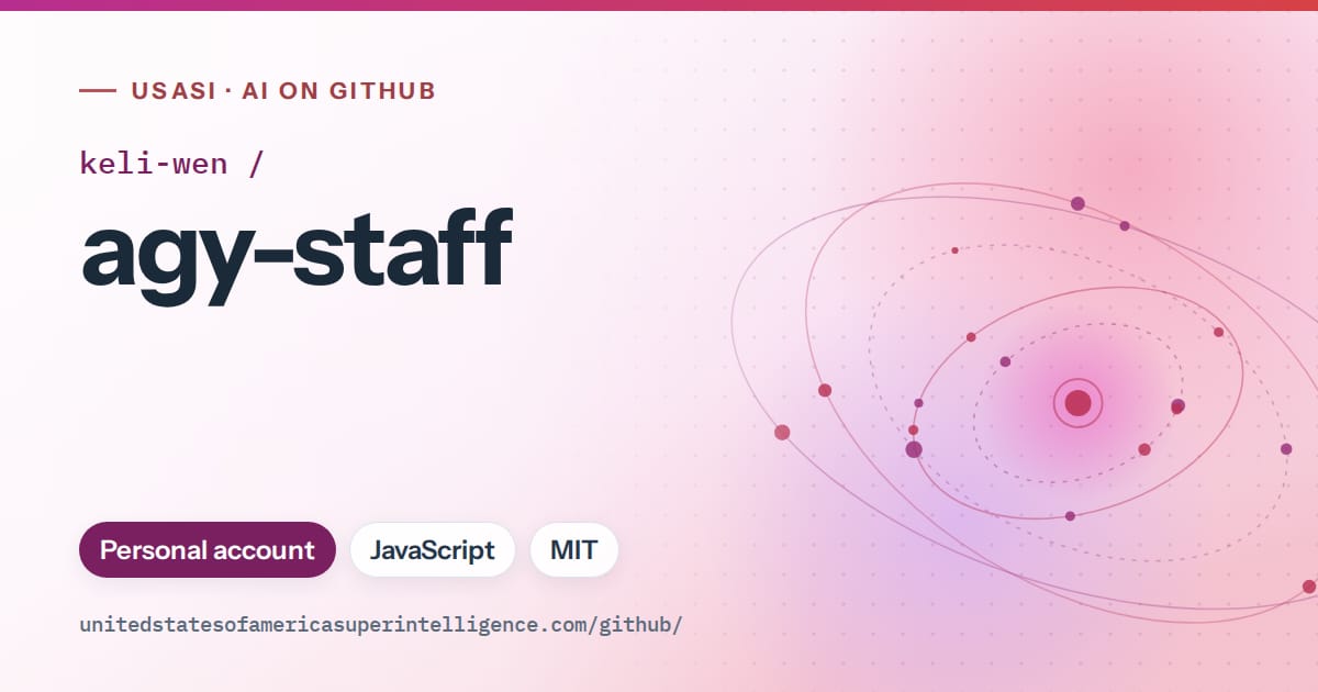 Generated purple orbit artwork for keli-wen/agy-staff, labeled USASI · AI on GitHub, with Personal account · JavaScript · MIT.