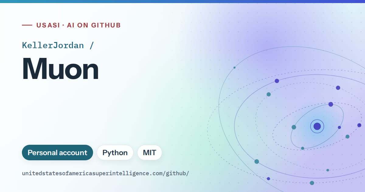Generated sky blue orbit artwork for KellerJordan/Muon, labeled USASI · AI on GitHub, with Personal account · Python · MIT.