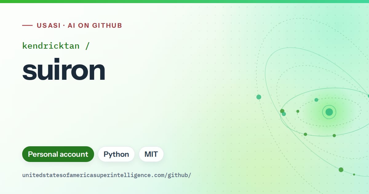 Generated green orbit artwork for kendricktan/suiron, labeled USASI · AI on GitHub, with Personal account · Python · MIT.