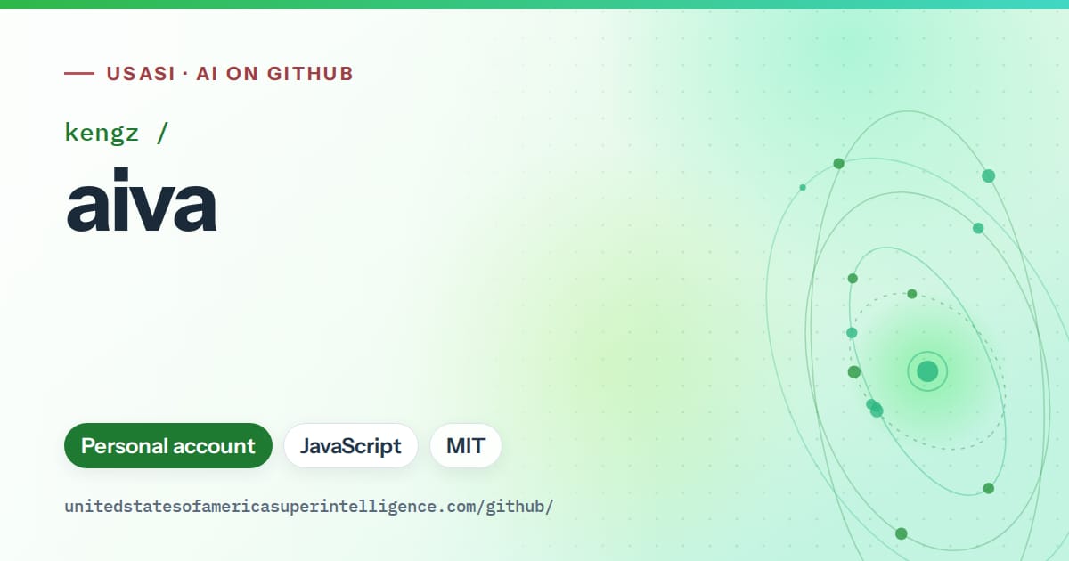 Generated green orbit artwork for kengz/aiva, labeled USASI · AI on GitHub, with Personal account · JavaScript · MIT.