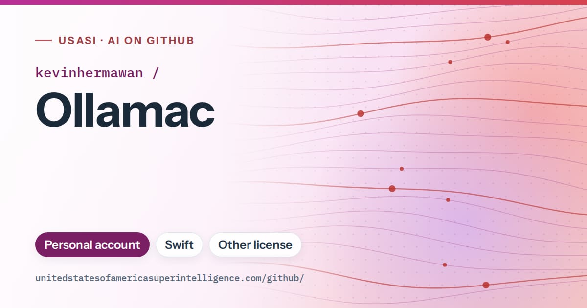 Generated purple flowing-wave artwork for kevinhermawan/Ollamac, labeled USASI · AI on GitHub, with Personal account · Swift · Other license.