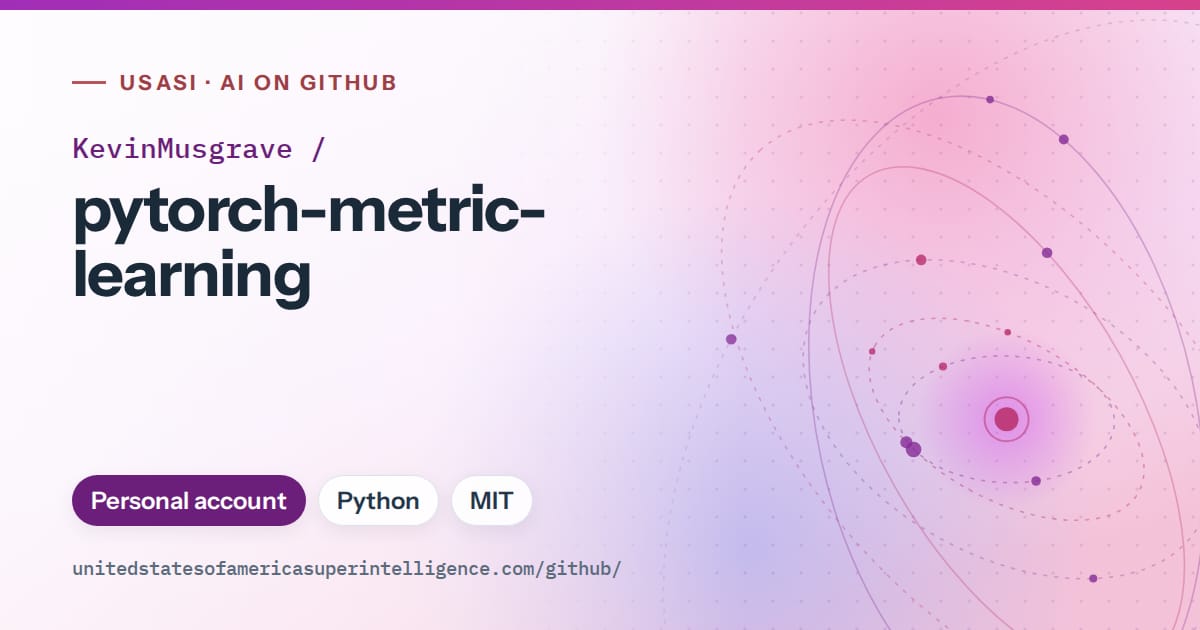Generated purple orbit artwork for KevinMusgrave/pytorch-metric-learning, labeled USASI · AI on GitHub, with Personal account · Python · MIT.