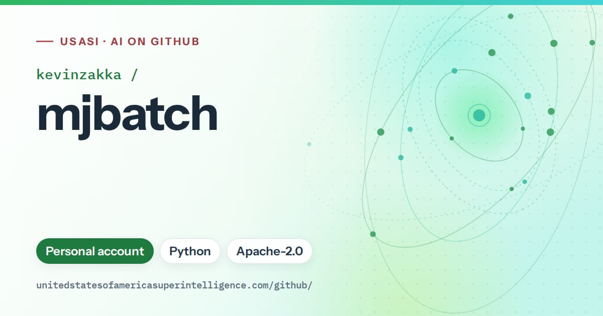 Generated green orbit artwork for kevinzakka/mjbatch, labeled USASI · AI on GitHub, with Personal account · Python · Apache-2.0.