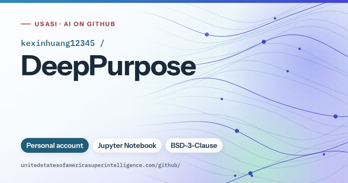 Generated sky blue flowing-wave artwork for kexinhuang12345/DeepPurpose, labeled USASI · AI on GitHub, with Personal account · Jupyter Notebook · BSD-3-Clause.