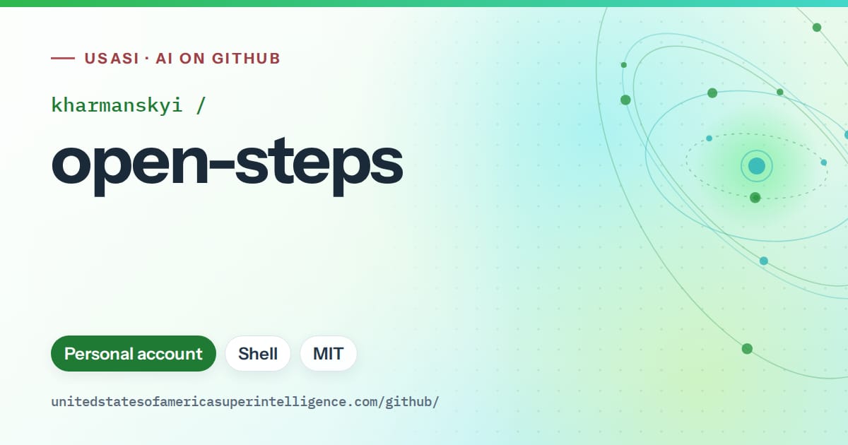 Generated green orbit artwork for kharmanskyi/open-steps, labeled USASI · AI on GitHub, with Personal account · Shell · MIT.