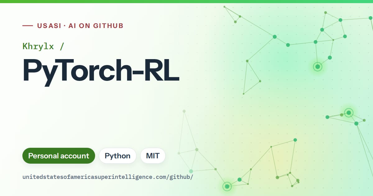 Generated green constellation network artwork for Khrylx/PyTorch-RL, labeled USASI · AI on GitHub, with Personal account · Python · MIT.