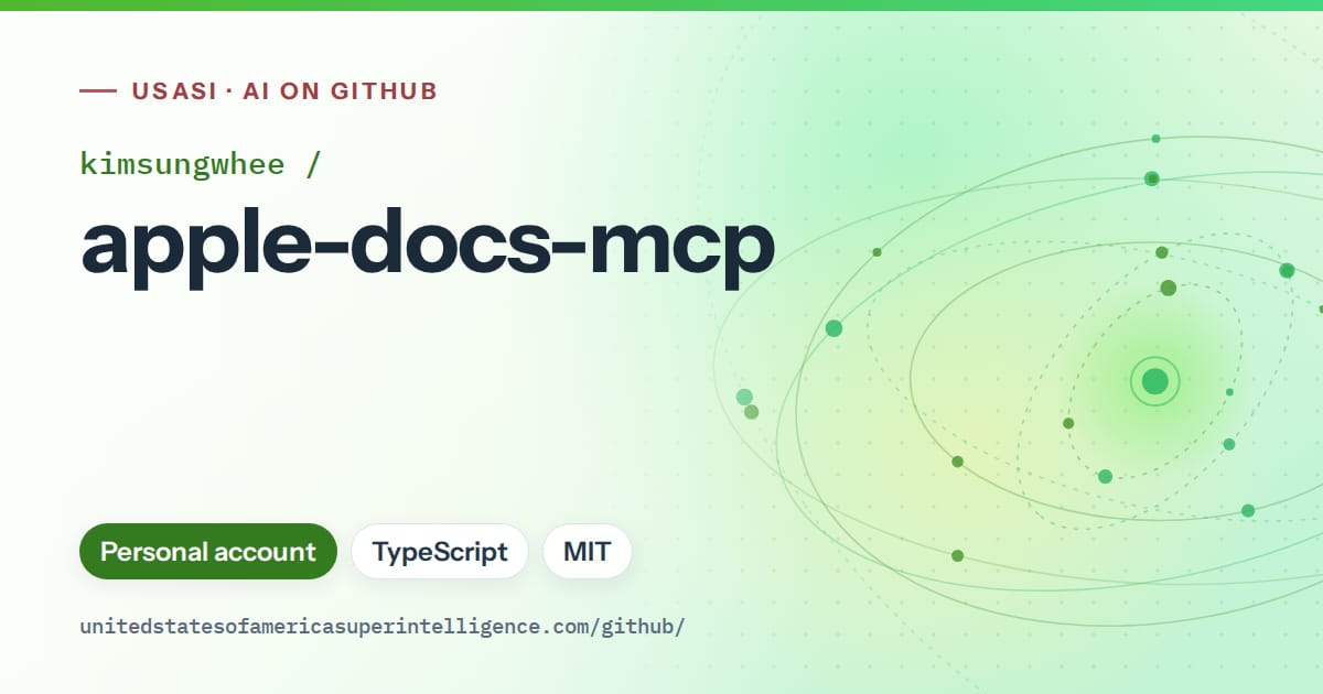Generated green orbit artwork for kimsungwhee/apple-docs-mcp, labeled USASI · AI on GitHub, with Personal account · TypeScript · MIT.