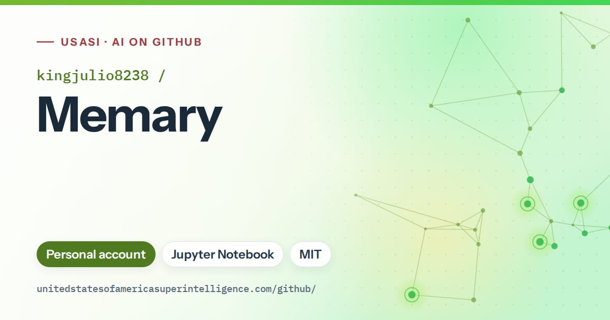 Generated green constellation network artwork for kingjulio8238/Memary, labeled USASI · AI on GitHub, with Personal account · Jupyter Notebook · MIT.